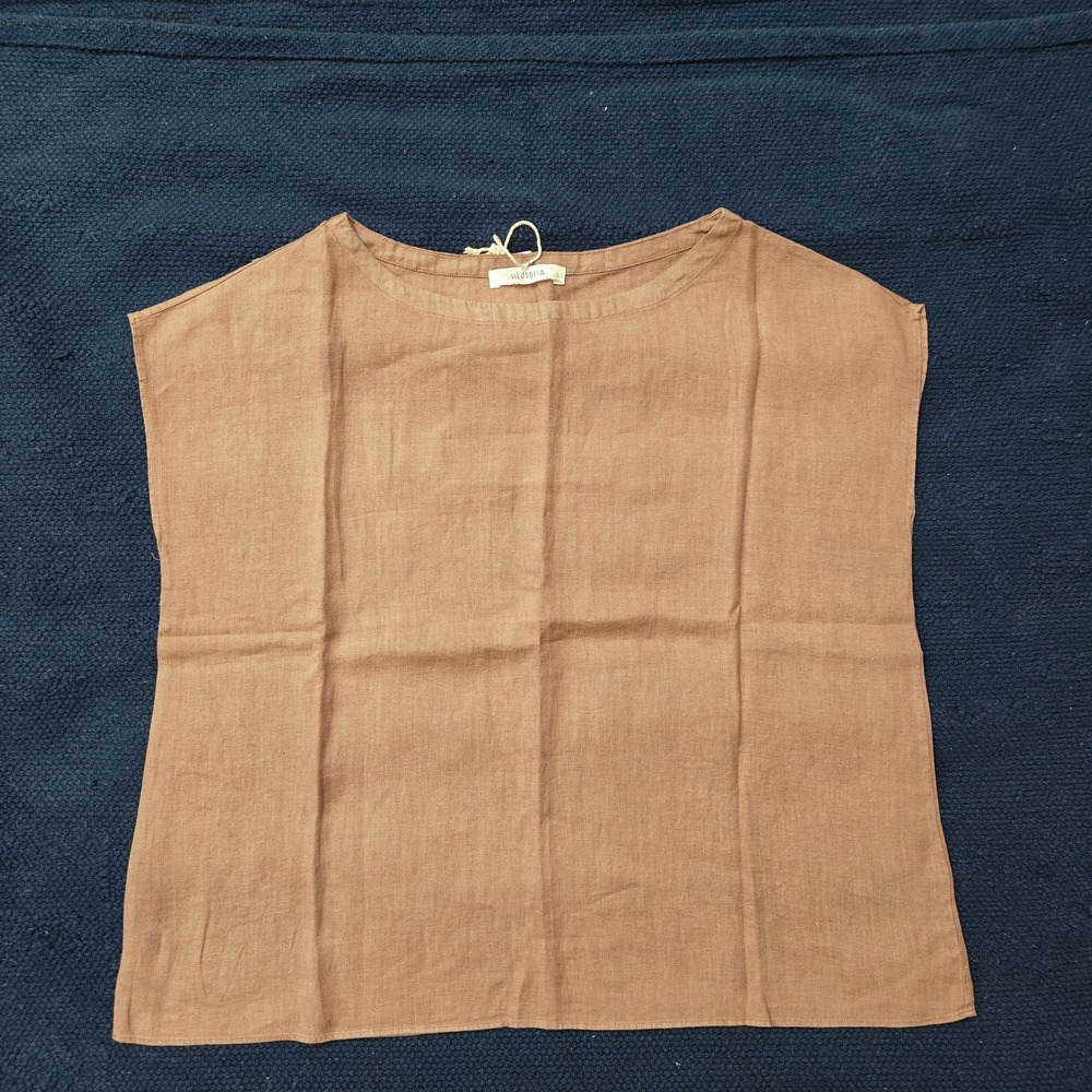 FILOSOFIA Women Linen Boxy Top L Brown 100% Linen Coastal Minimalist New - Picture 2 of 7